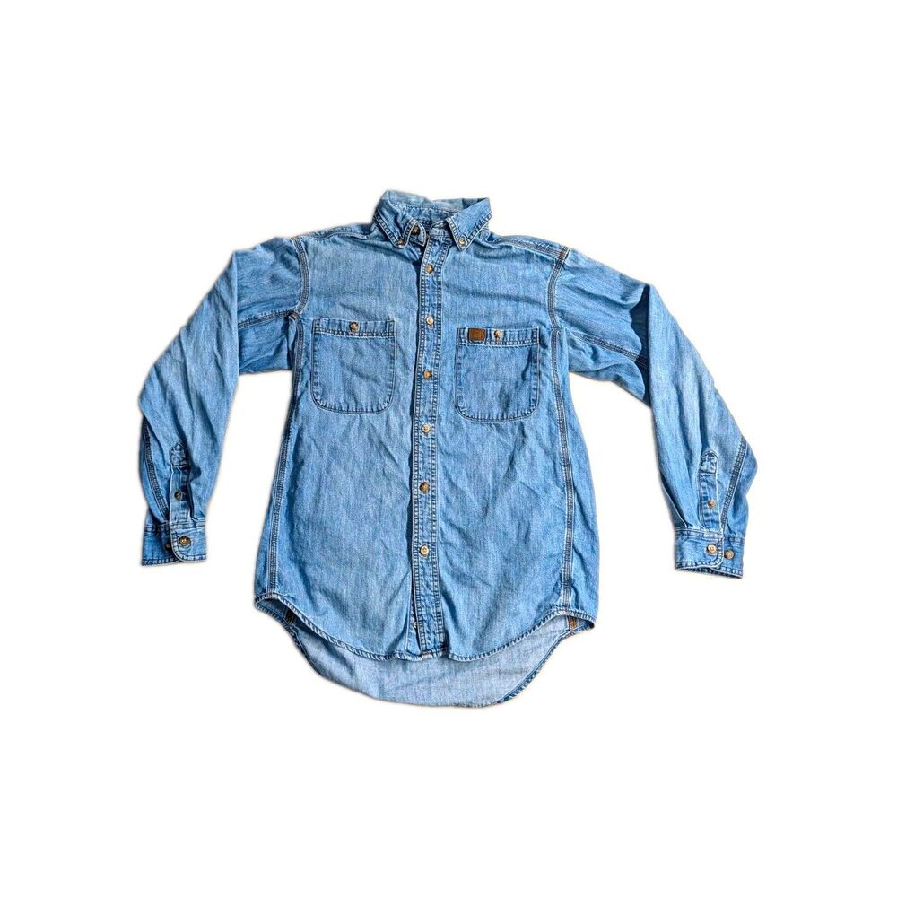Wrangler RIGGS Workwear Men Long Sleeve Denim Shirt Light Wash ButtonDown Size M